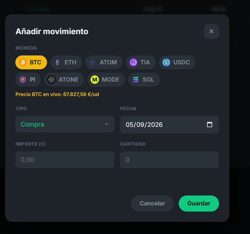 Modal de añadir movimiento con precio en vivo